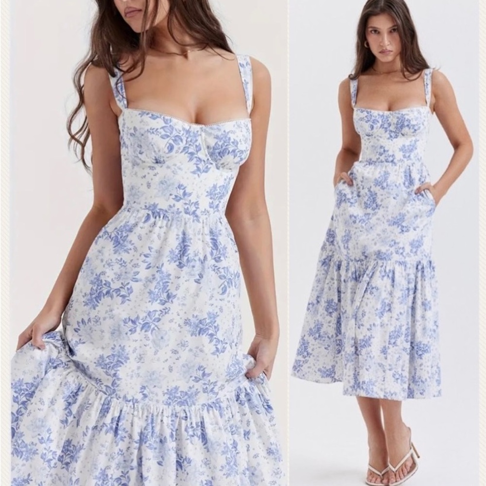 New Floral Corset Sundresses Midi Sleeveless Dress White Blue Floral NWT Tiered